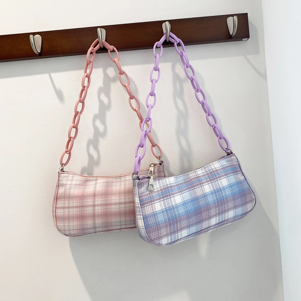 

Women's Makeup Bag Cheap Shoulder Underarm Bag Pink Plaid Grid Printing Female Trend Acrylic Chain Purses and Handbag