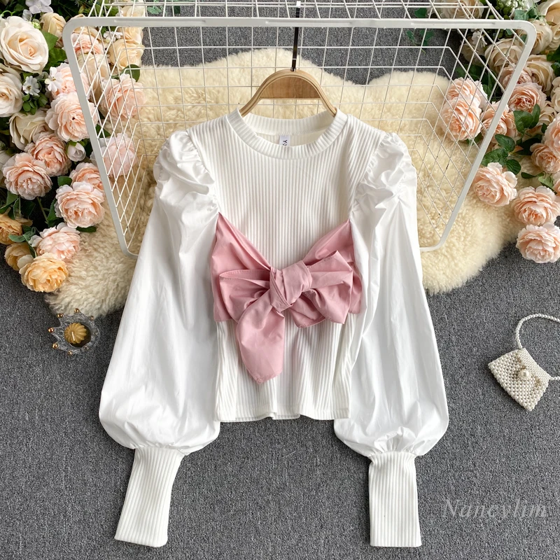 

Puff Sleeve Shirt Women's Spring New Clothes Strap Bow Slim-Fit All-Match Blouse Pullover Bluisa Female Girls Top White Black