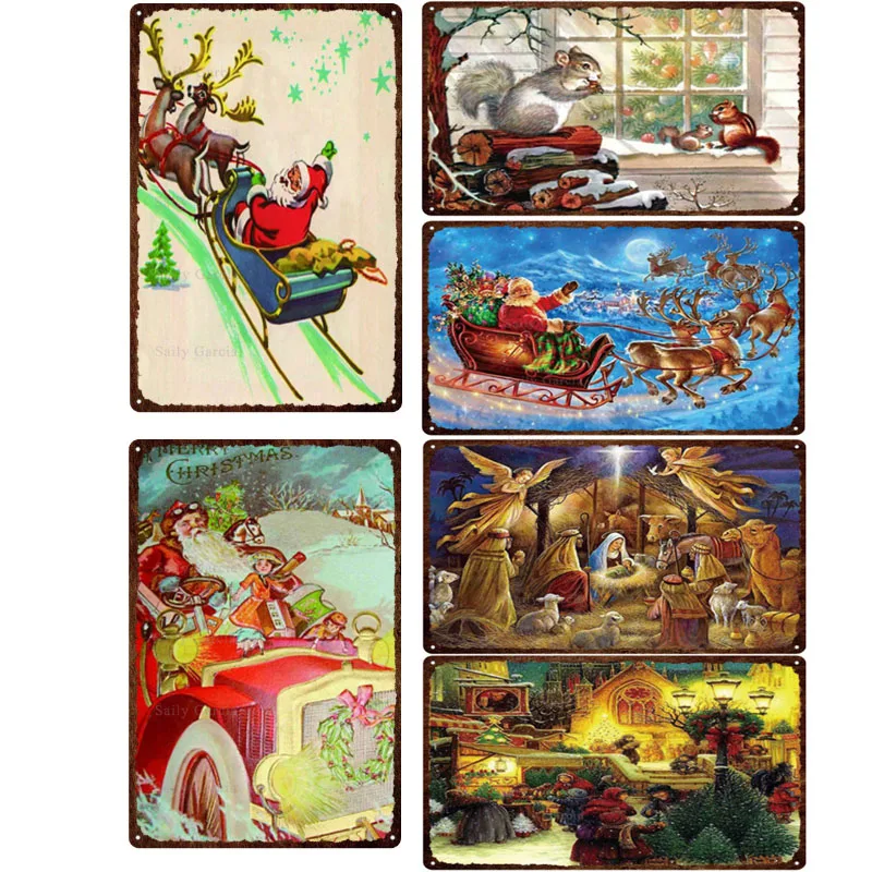 

Christmas Tin Sign Poster Santa and Elf Snowman Cute Squirrel Metal Sign for Home Coffee Shop Restaurant Christmas Day Decor