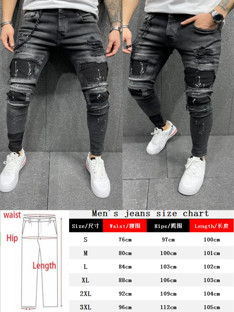 

2021 New Skinny Jeans men Streetwear Destroyed Ripped Jeans Homme Hip Hop Broken modis male Pencil Biker Embroidery Patch Pants