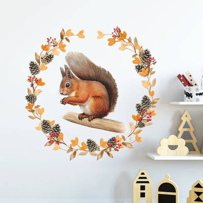 

Painted Squirrel Pine Cone Wall Stickers Living Room Bedroom Background Wall Glass Decor Removable Wallpaper Decor Wall Decals