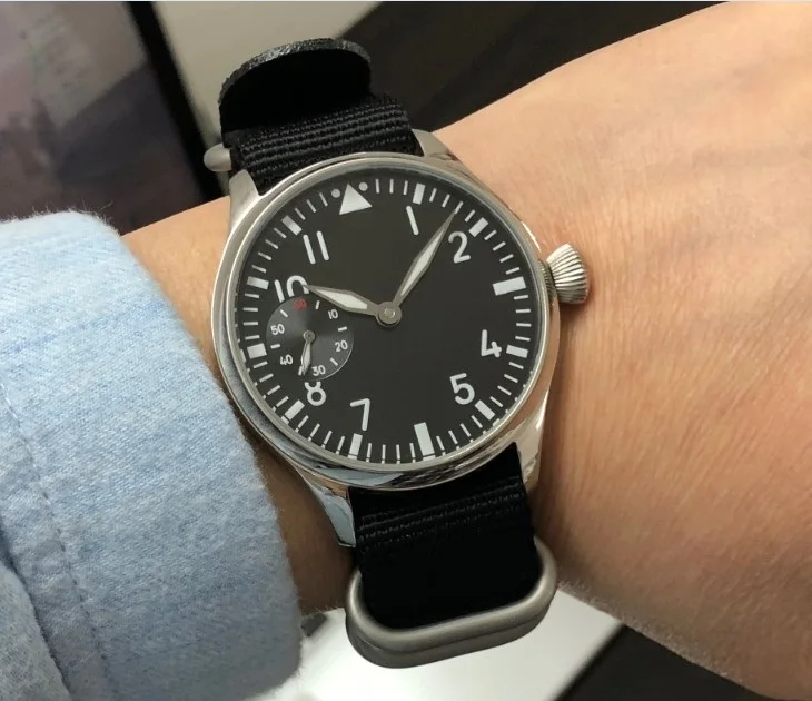 

44mm GEERVO black dial Asian 6497 17 jewels Mechanical Hand Wind movement men's watch green luminous Pilot watches gr354-g8