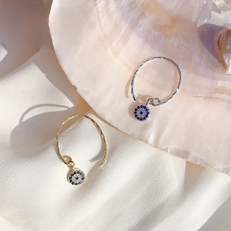 

100% 925 Sterling Silver Jewelry Retro Turkish Devil's Evil Eye Earrings Blue Eye CZ Crystal Half Circle Hook Earrings for Women