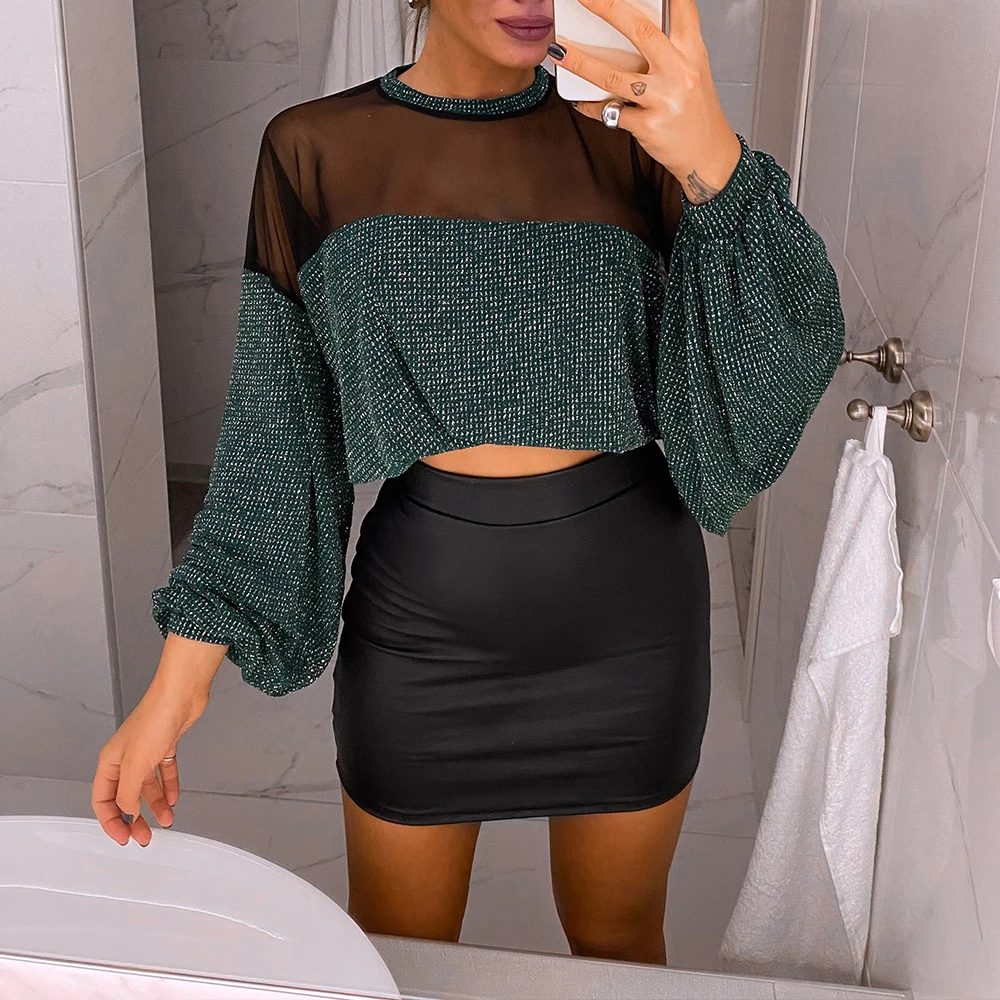 Сетчатая Лоскутная блуза рубашка Женская 2020 Весна Длинный рукав-фонарик