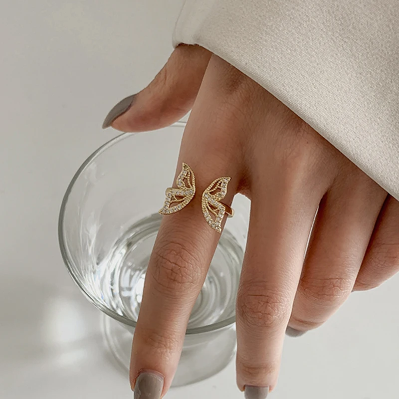

Trendy Fine 14k Real Gold Unusual Big Butterfly Wings Rings for Women Adjustable Design High Jewelry Bling AAA Zircon Party Gift