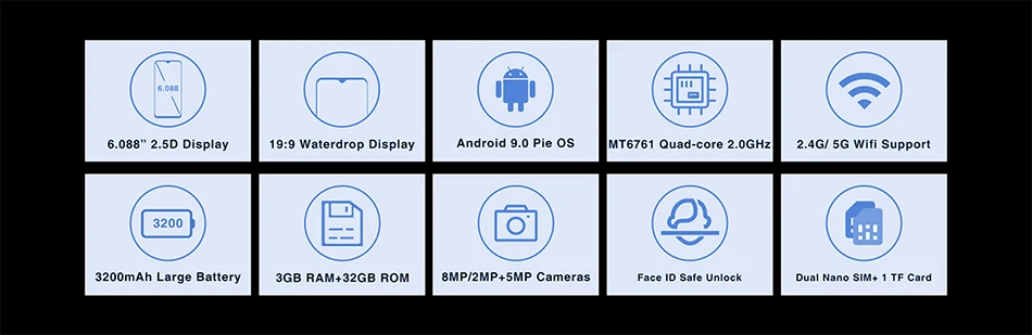 Мобильный телефон OUKITEL C15 Pro 6,088 ''MT6761 2GB+ 16 GB/3 GB+ 32 GB, отпечаток пальца, распознавание лица, 4G смартфон 2,4G/5G, WiFi, экран капли воды