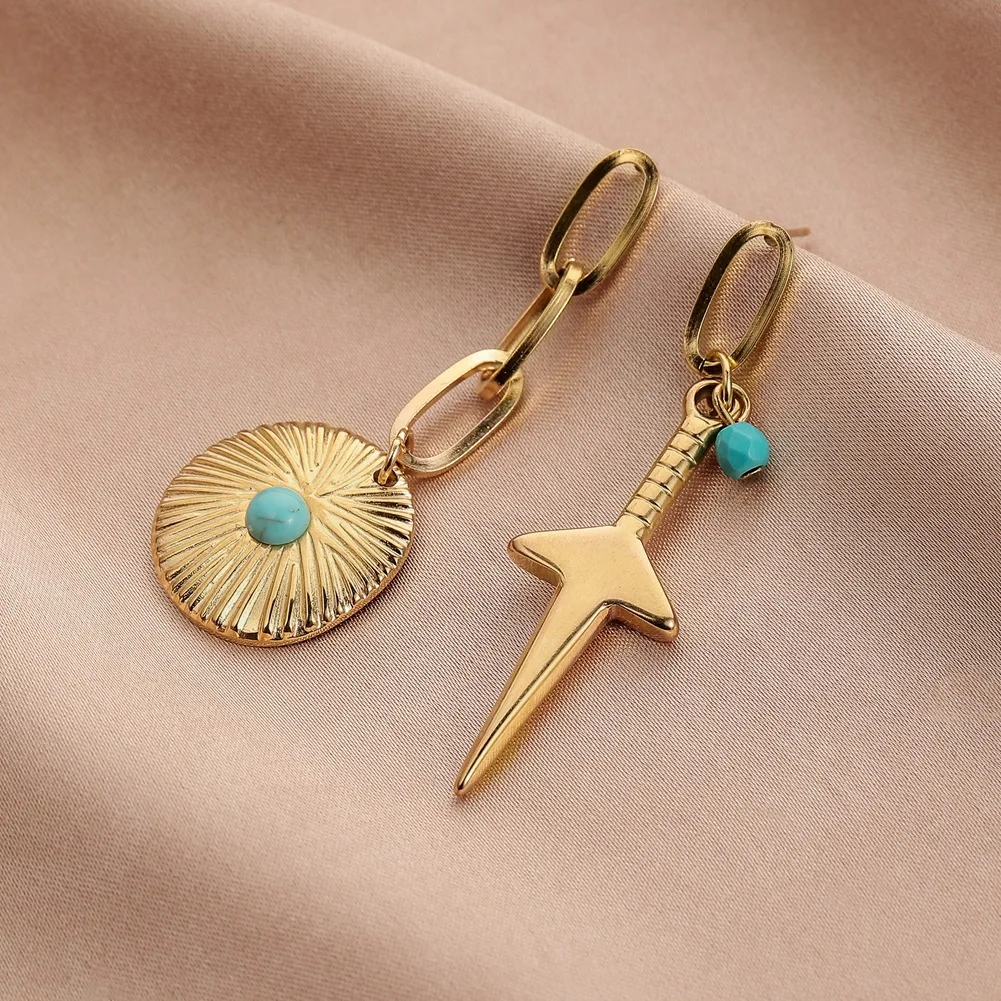 

VENTFILLE Personality Retro Golden Asymmetric Earrings Female Round Coin Turquoise Sword Earrings Trend Jewelry Gift Wholesale