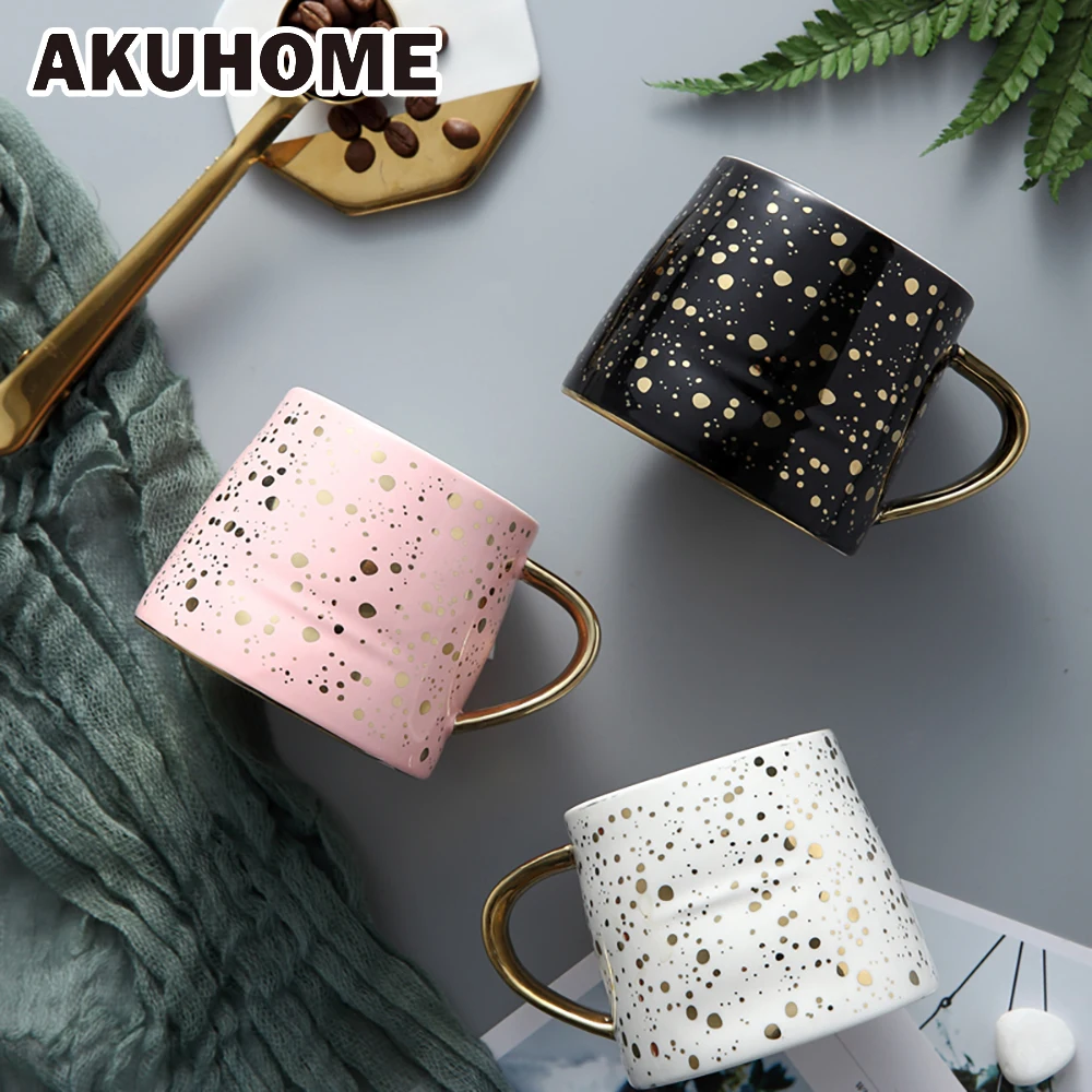 

Ins Style Starry Sky Pattern Ceramic Coffee Bottle Milk Drinkware Luxurious Creative Mugs White Black Cup Couple Exquisite Gift
