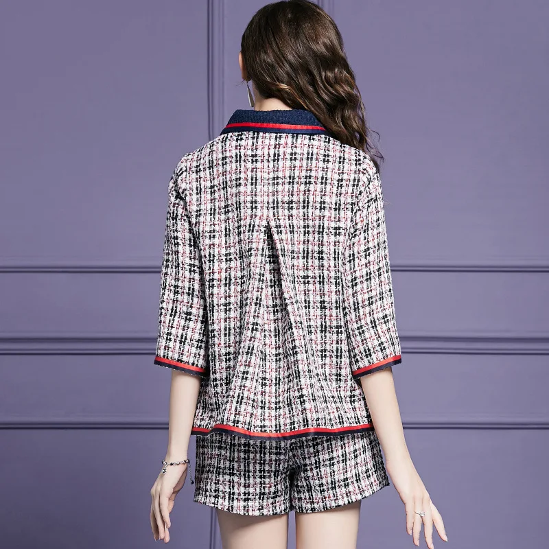 Новинка Клетчатое твидовое пальто с лацканами в стиле ретро Шорты Костюм из двух