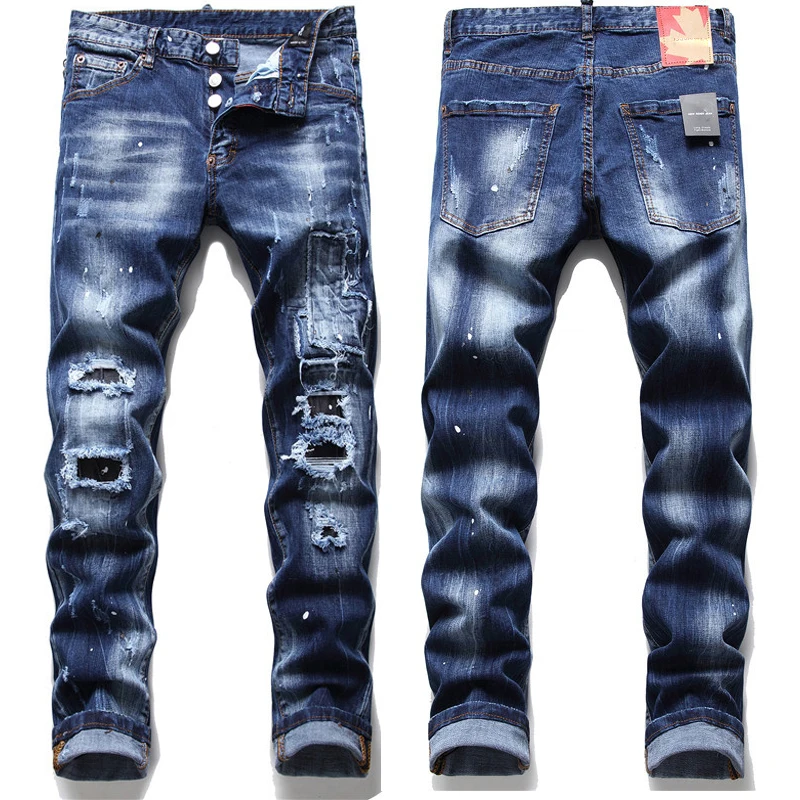 

Men’s luxury trendy blue jeans elastic denim pants hole patched ripped jeans pants mens daily casual pants jeans
