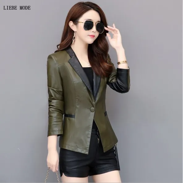 High Quality Faux Leather Blazer Women Slim Fit Motorcycle Biker Short Design Suit Jackets Notched  Pu Coats Orange Black Green