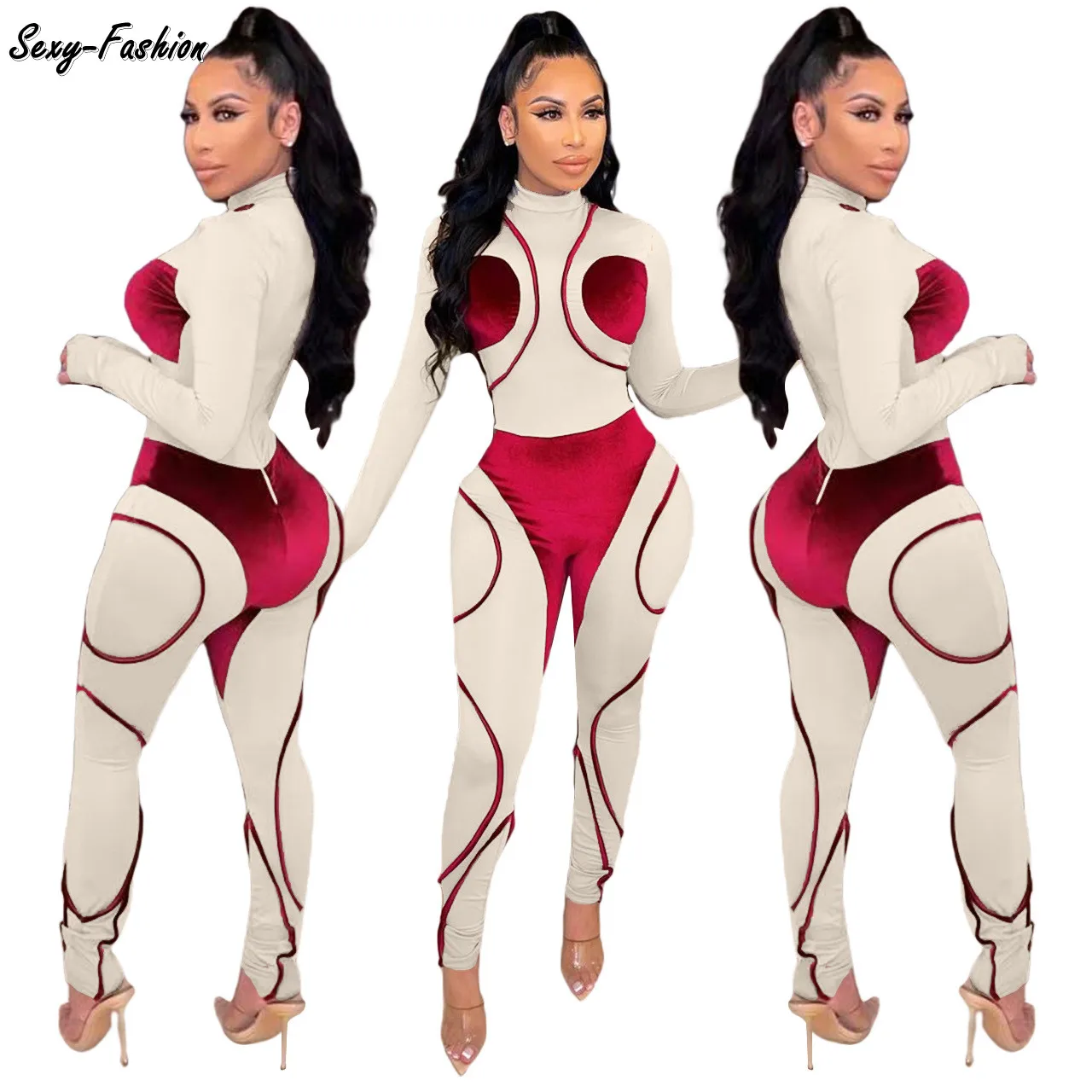 

Somoshein Fashion Long Sleeve Jumpsuits For Women 2021 Sexy Clubwear Patchwork Tight Pants Fall Zipper One Piece Outfit