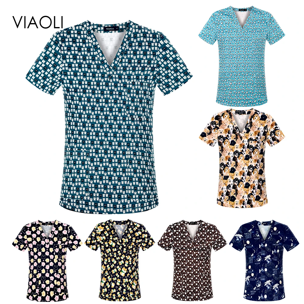 

Dental scrub ladies short sleeve V-neck top work uniform cartoon animal print nurse clinic uniform 2021
