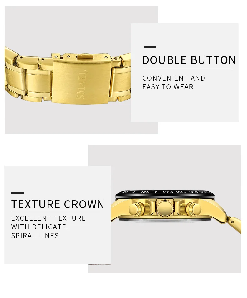 SMAEL Luxury Men Watches Gold Tone Stainless Steel Expansion Band Fashion Chronograph Quartz Watch Men Sport Wristwatch