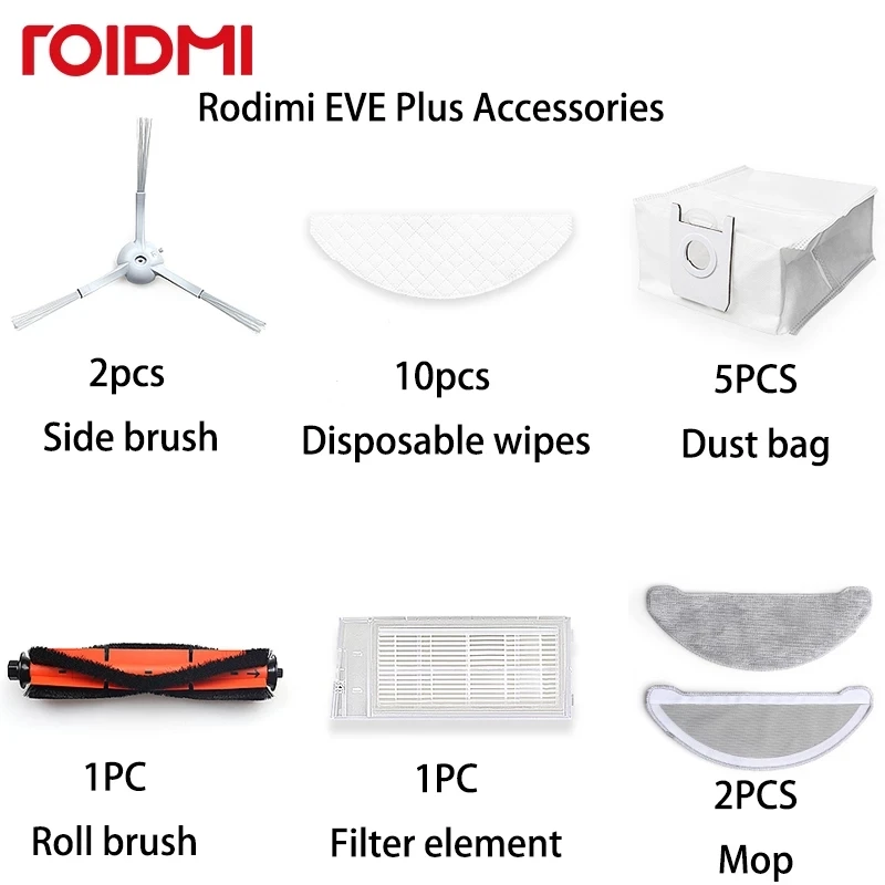 

Mops Cloths Dust Bags Rolling Side Brush HEPA Filter Adaptor for Roidmi EVE Plus Robot Vacuum Cleaner Parts