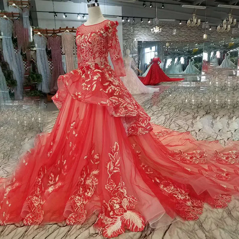 LSS185 красное платье для свадебной вечеринки многослойное с длинным рукавом