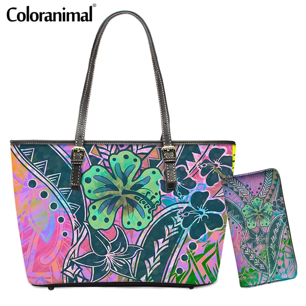 

Coloranimal Hawaiian Tribal Polynesian Flower Women PU Shoulder Bag 2Pcs/Set Crossbody With Purse Large Tote Handbag for Ladies