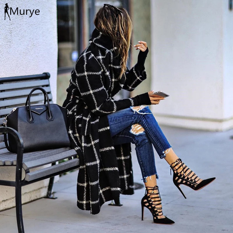 Женское винтажное пальто в клетку твидовое с капюшоном и поясом | Женская одежда