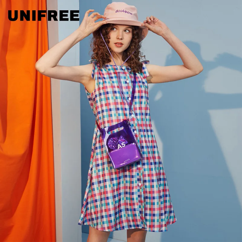 Unifree/летнее клетчатое платье в стиле ретро новая модная юбка без рукавов