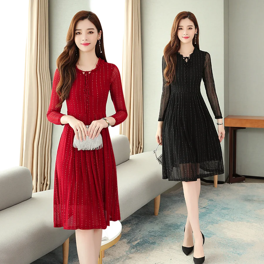 2021 в винтажном стиле Цвет Черный Из сетчатой ткани сексуальное миди платье осень