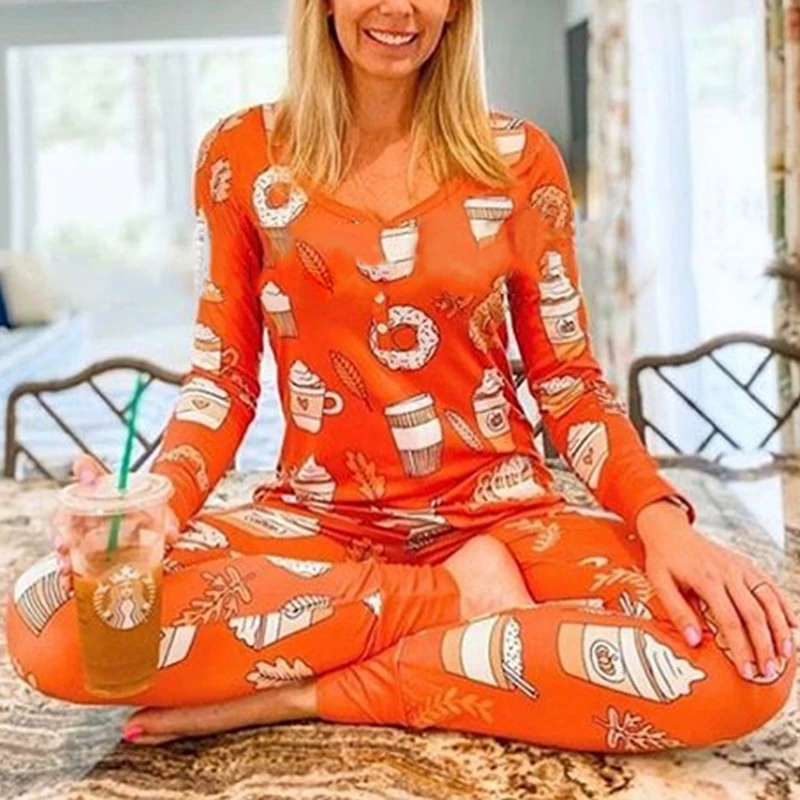 

OMSJ Casual Long Sleeve Button Halloween One-piece Pajamas Party Lady Rompers Autumn Winter Print Women Homewear Jumpsuit Orange