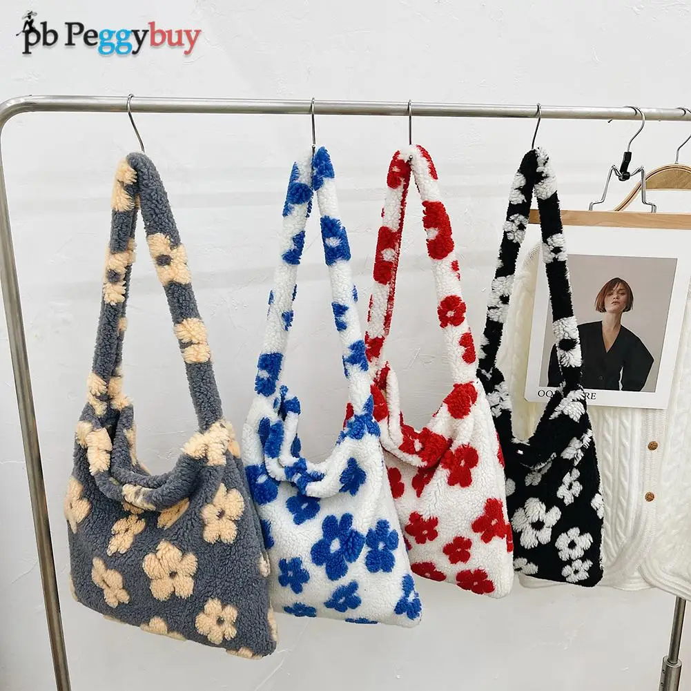 

Retro Women Shoulder Bag Creative Flower Pattern Printing Shoulder Bag Autumn Winter Plush Large Underarm Bags Hit Color Handbag