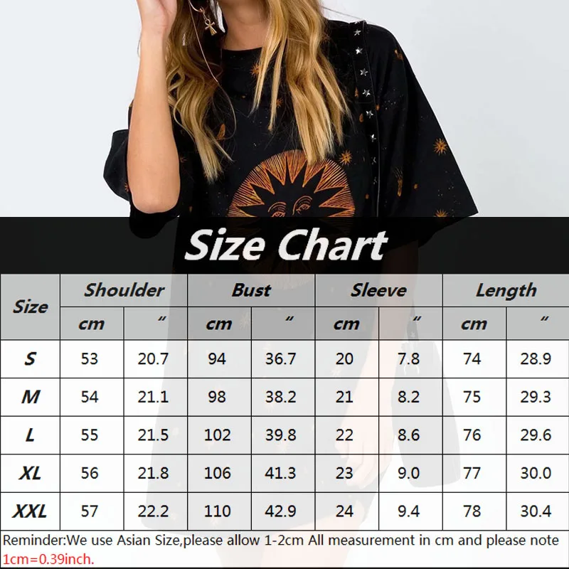 Sun Moon Print Oversize Tops T-shirts Summer Gothic Punk Black Streetwear Women Loose T-shirt Plus Size T Shirts Short Sleeve | Женская