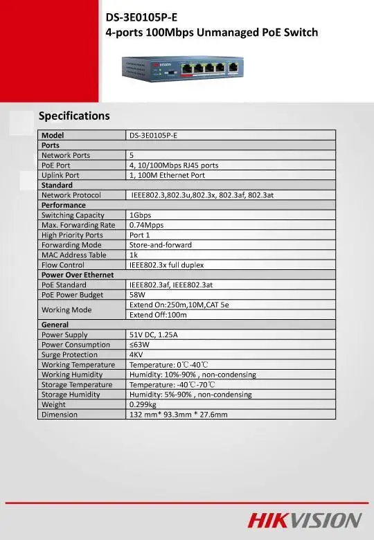HIKVISION DS-3E0105P-E 4 переключатель инжектора PoE 5 портов (1Uplink PoE) 100 Мбит/с неуправляемый |