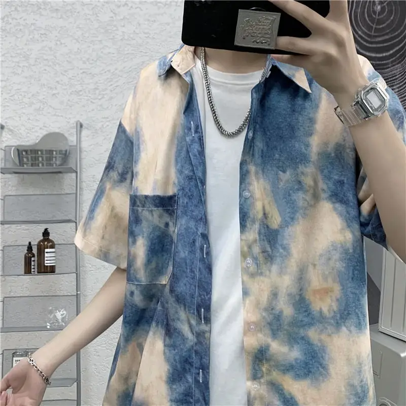 

Summer Tie-dye Half-sleeved Shirts Men Retro Pocket Harajuku Hipsters Teenager Leisure All-match Hip-pop Streetwear Trendy Shirt