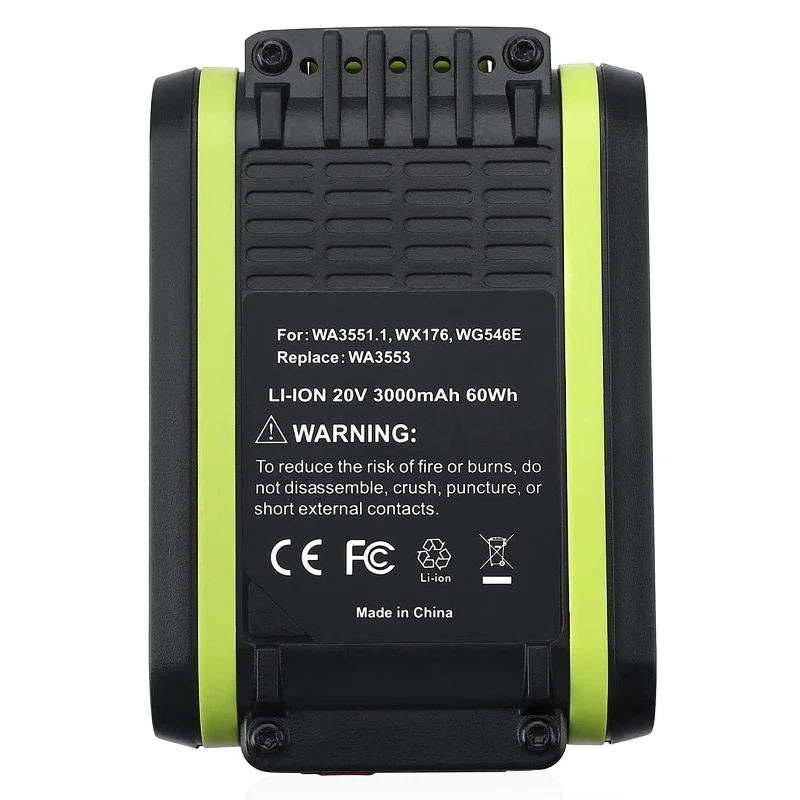 

20V 3000mAh Li-Ion Rechargeable Replacement Battery for Worx Power Tool WA3551 WA3553 WX390 WX176 WX178 WX550 WX386 WX678 WG169E