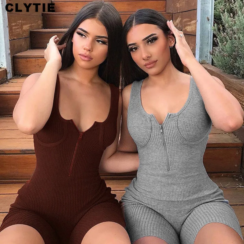 

Clytie Ribbed Casual Zipper Playsuits Women New Spring Female Sleeveless Skinny Ladies Black Sexy Home Daily Playsuits