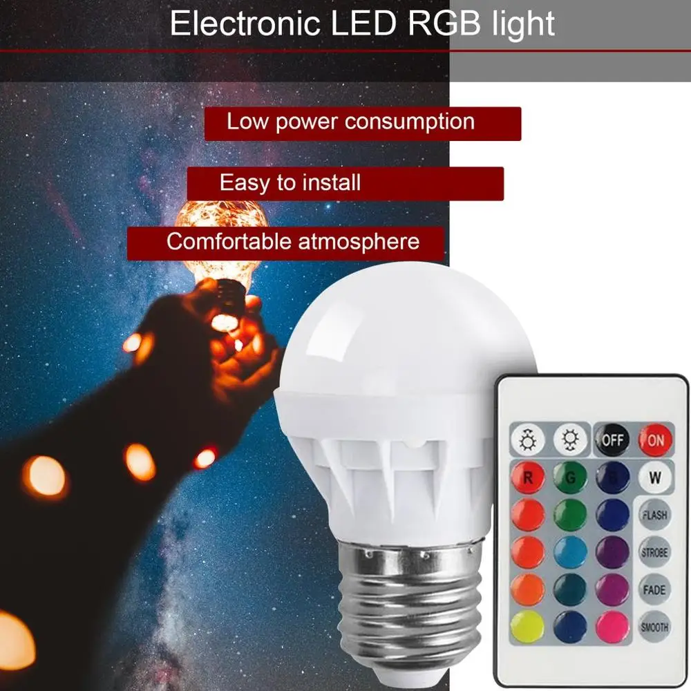 Новая светодиодная RGB лампа E27 3 Вт с дистанционным управлением разноцветная