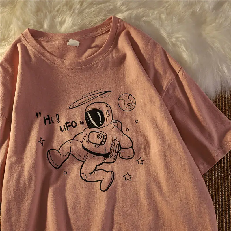 

100% cotton astronaut Harajuku style short sleeve t-shirt female 2021 summer new loose ins super fire student top
