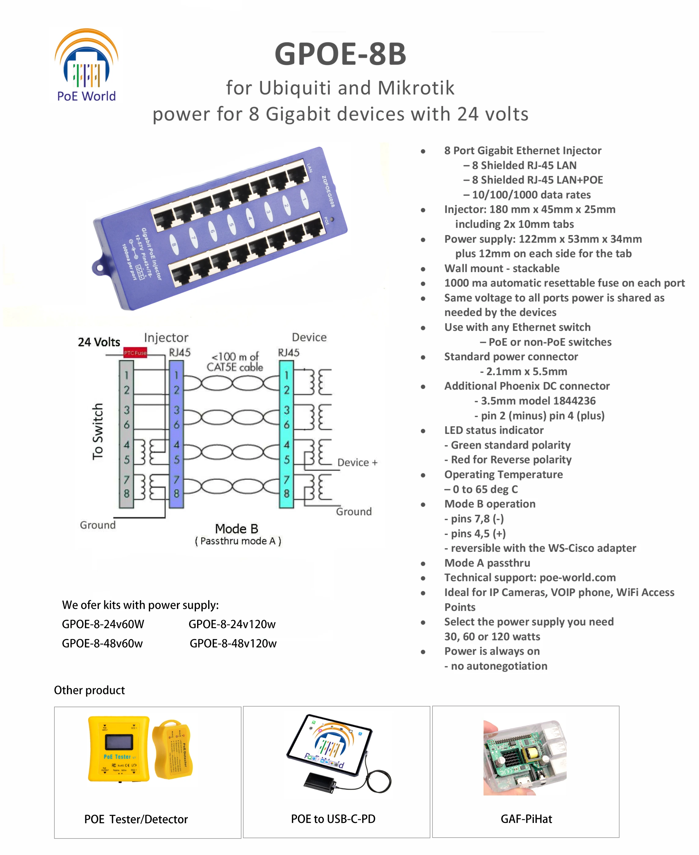 

24V Gigabit PoE Connector 8 Port Passive PoE Power over Ethernet Injector for Ubiquiti, Mikrotik with 60W power adapter