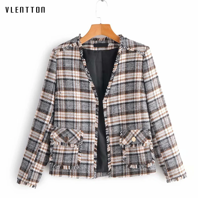 Куртка женская твидовая клетчатая короткая модный винтажный кардиган в клетку с