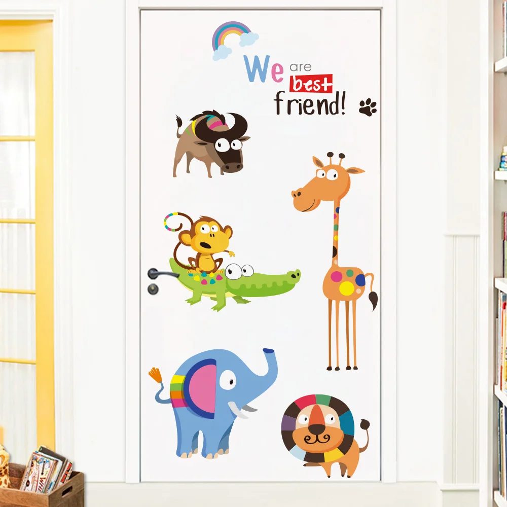 Мультяшные животные наклейки для двери украшения детской комнаты настенные
