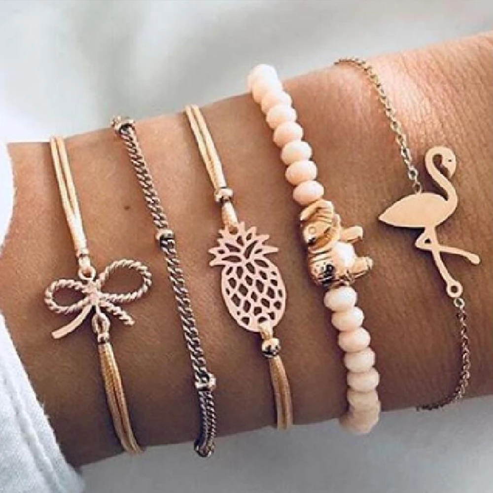

5 Pcs/set Bow Flamingo Elephant Pineapple Beads Bracelets for Women Gold Charm Bracelet Jewelry Pulseras Mujer Bijoux Femme