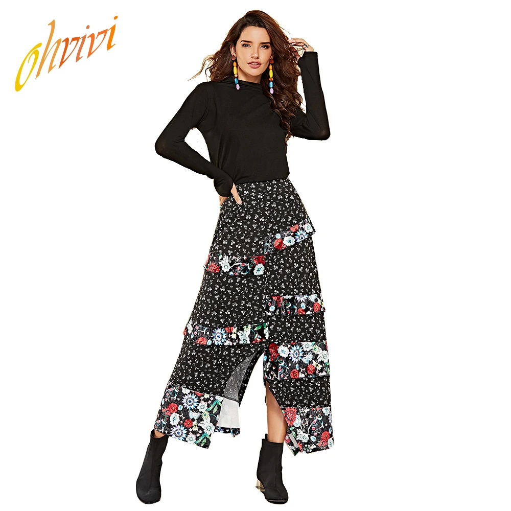 

Юбки для молодых девушек, с цветочным принтом, с разрезом, черный цвет, Каскадный узор, хлопковый материал для женщин, хороший бутиковый стил...