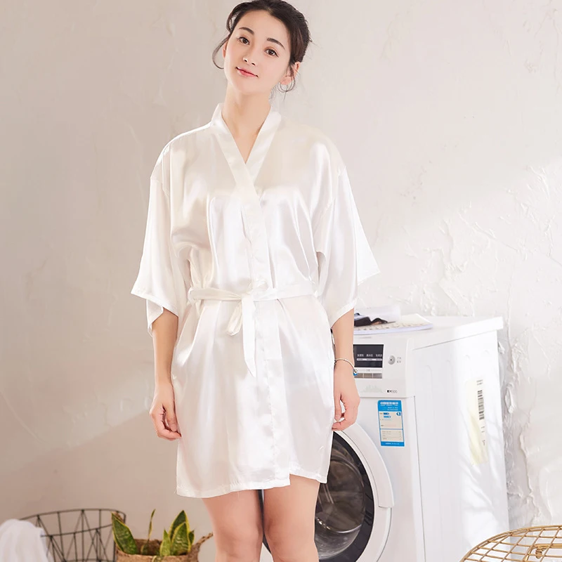 Шелковый Атласный Свадебный халат для невесты подружки Короткое Кимоно с