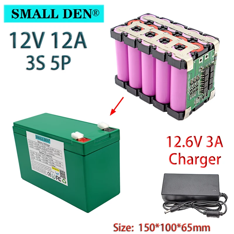 

12V 12Ah 18650 lithium battery pack built-in BMS sprayer surveillance camera, backup power solar battery + 12.6V 3A charger