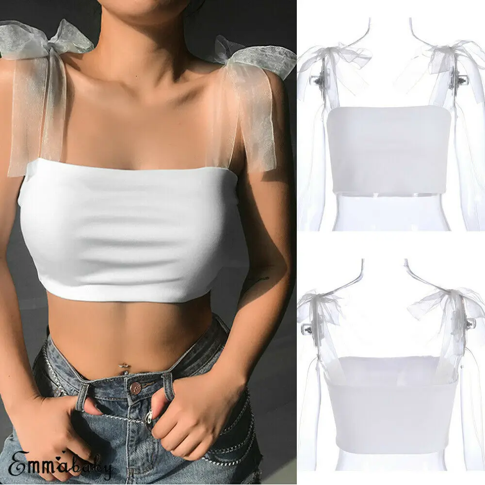 

Women Sexy Tank Top Bandage Off Shoulder Lace Sleeveless Solid Vest Lady's Camis with Ribbons Tube Crop Tops Mesh Strap Tank