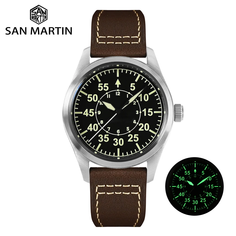 

San Martin Retro Pilot Watch YN55 Automatic Mechanical Watches for Men Diver 20Bar Waterproof Luminous Sapphire Black Dial