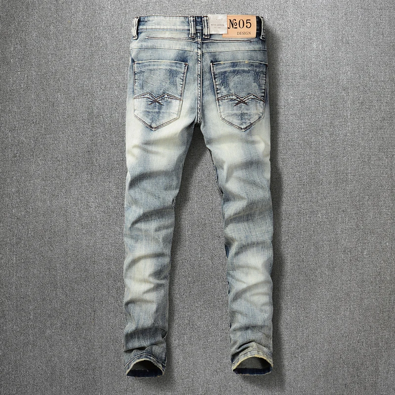European Vintage Fashion Men Jeans Retro Blue Elastic Slim Fit Ripped Jeans Men Streetwear Designer Destroyed Denim Punk Pants