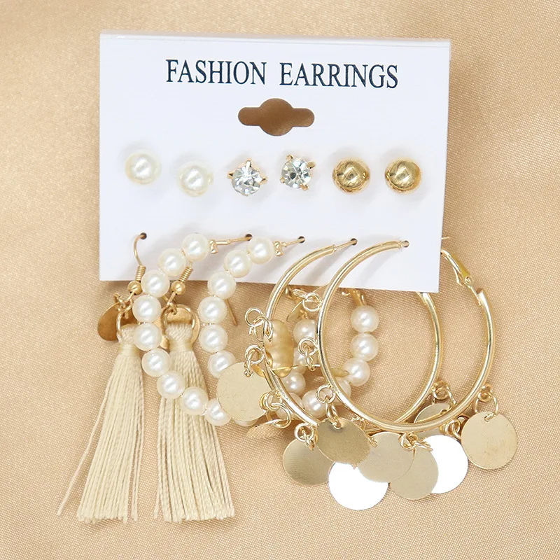 

New pearl earrings set geometric C-shaped 6-piece set earrings large circle French multi-pair earrings women hoop earrings