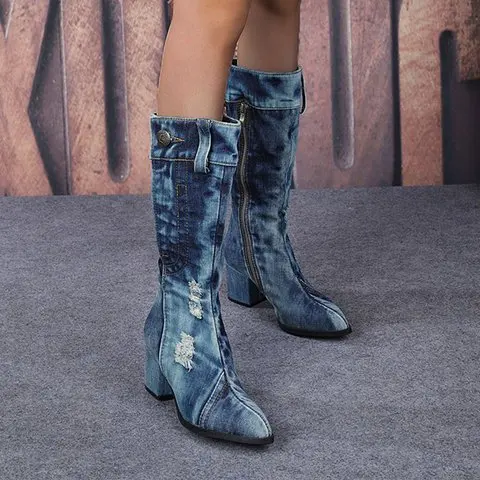 Nice Winter Women Boots Denim Stiletto Shoes Casual Square Heel Leather Round Toe Ladies Booties Mujer | Обувь