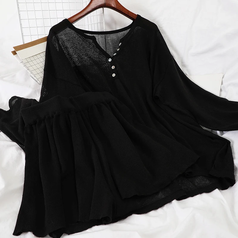 2020 Summer Kintting Casual 2 Piece Set V Neck Loose Pullover+high Waist Elastic Solid Short Pants Streetwear Khaki Black Sets | Женская