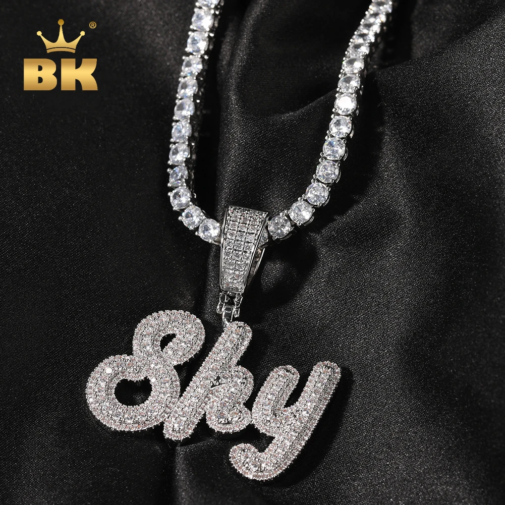 THE BLING KING Custom Small Size Brush Script Letter Two Tone Pendant Micro Paved CZ Baguette Chain Necklace Hiphop Jewelry