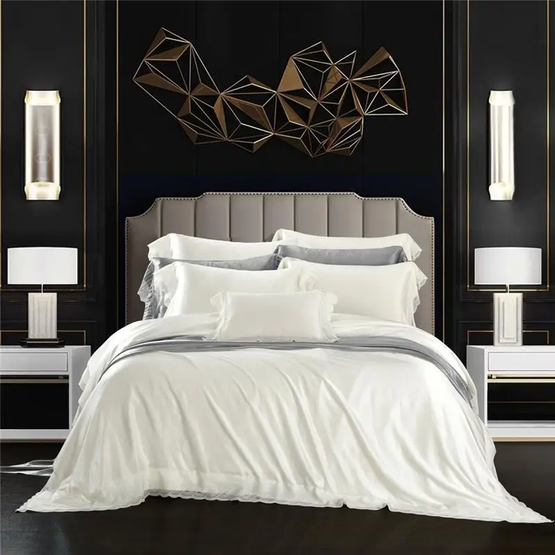 

Luxury 100% Real Silk Solid Color Bedding Set Smooth Shiny Duvet Cover Sets Bed Sheet Pillowcases Customized Size Gift eyeshade