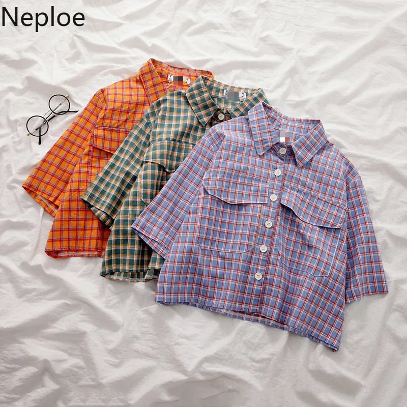 Neploe корейский однобортный плед рубашки блузки с коротким рукавом повседневные