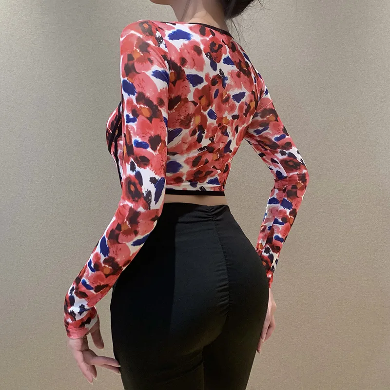 

Ladies Spring Clothes Personalized Slim Show Chest Short Long Sleeve T-shirt Clothes Women Floral Print Square Neck Short Top
